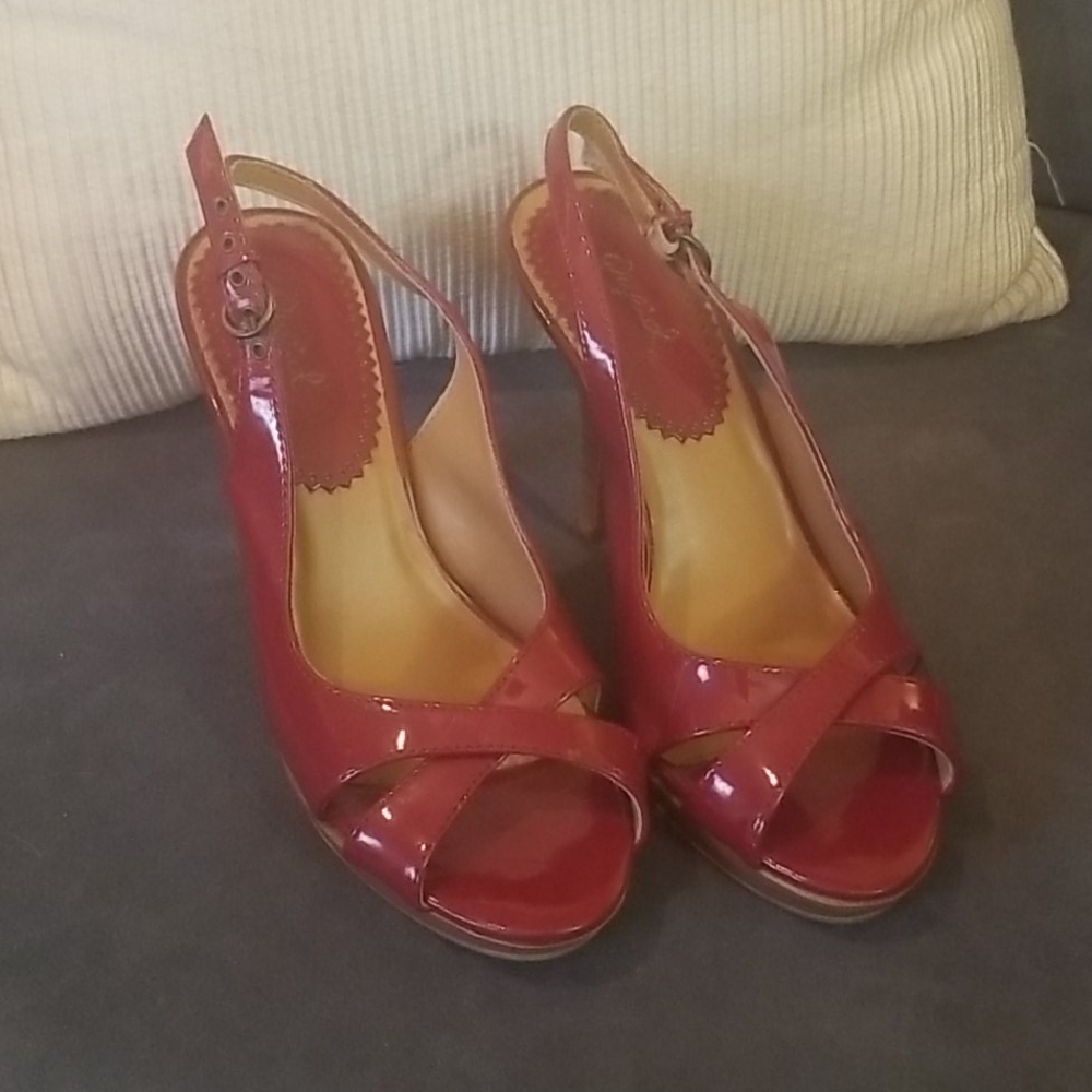 Qupid Red Peep Toe Heels